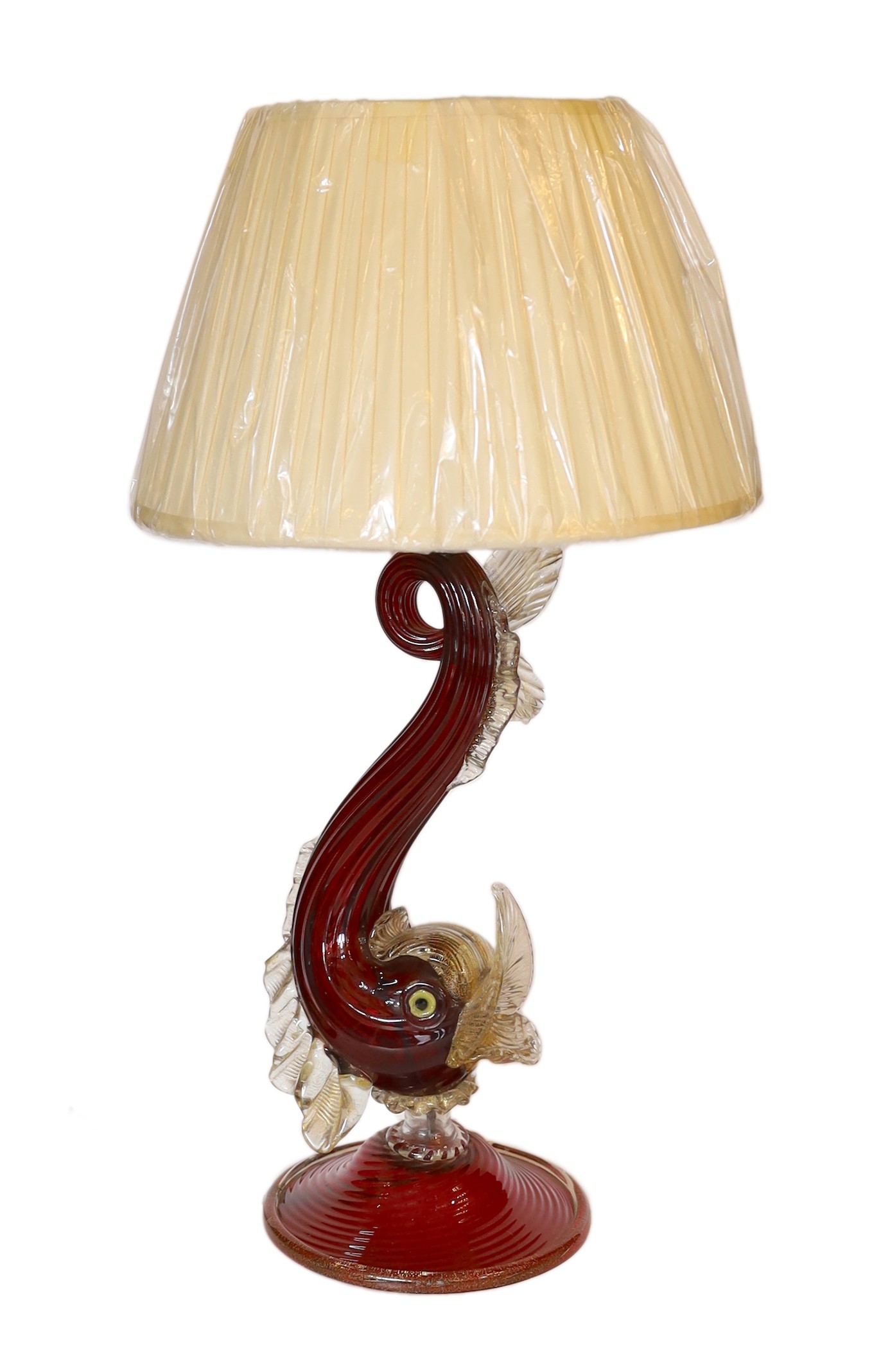 A 1930s Venetian ruby and gold glass dolphin table lamp, height 55cm